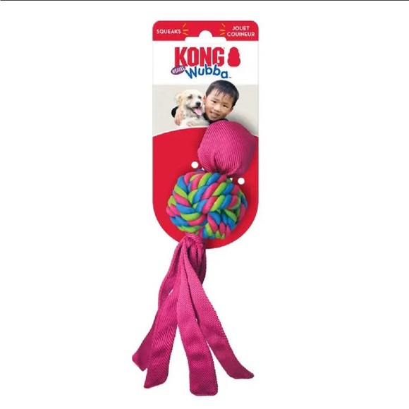 Kong Other - Small Kong Wubba Tug Toy in Bright Pink with Multicolor Braided Knot